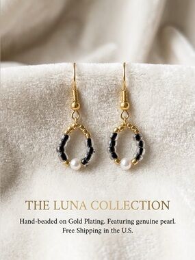 ❤️Gold-Plated Black Bead & Pearl Hoop Earrings
